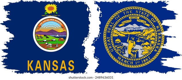 Nebraska and Kansas states grunge brush flags connection, vector