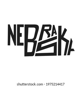 Nebraska lettering vector illustration. Isolated black and white state logo. Logotype country print. Decoration poster with drawing letters. Abstract national banner. Usa cartography design map.