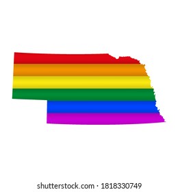 Nebraska LGBT flag map. Vector illustration. Slightly wavy rainbow gay pride flag map.