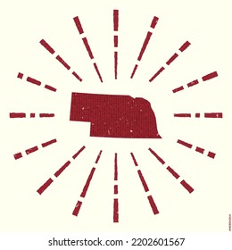 Nebraska Logo. Grunge sunburst poster with map of the US state. Shape of Nebraska filled with hex digits with sunburst rays around. Captivating vector illustration.