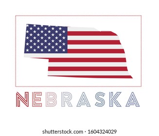 Nebraska logo. Map of Nebraska with the state name and flag. Trendy vector illustration.