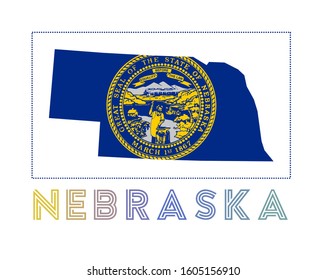 Nebraska Logo. Map of Nebraska with us state name and flag. Superb vector illustration.