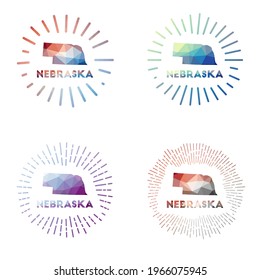 Nebraska Low-Poly-Sonnenburstuntergang. Das Logo von uns ist im geometrischen Polygonstil zu finden. Vektorgrafik.