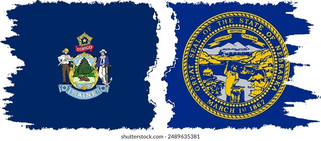 Nebraska and Maine states grunge brush flags connection, vector