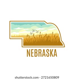 Borde del mapa de Nebraska con la silueta de la pradera en el paisaje azul perfecto para la impresión, la ropa, el etc