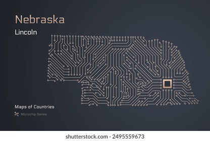 Nebraska Map with a capital of Lincoln Shown in a Microchip Pattern. E-government. United States vector maps. Microchip Series	
