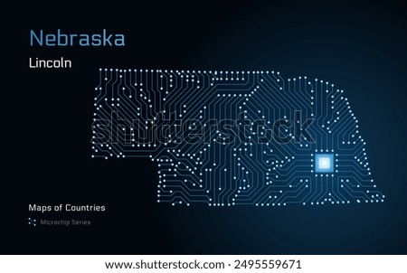 Nebraska Map with a capital of Lincoln Shown in a Microchip Pattern. E-government. United States vector maps. Microchip Series	
