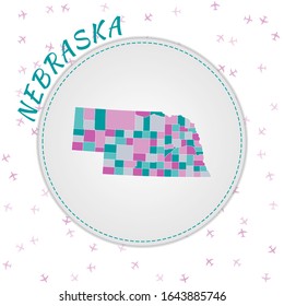 Nebraska map design. Map of the US state with regions in emerald-amethyst color palette. Rounded travel to Nebraska poster with US state name and airplanes background. Charming vector illustration.