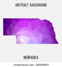 Nebraska map in geometric polygonal,mosaic style in violet shades.Abstract tessellation,modern design background,low poly. Vector illustration.