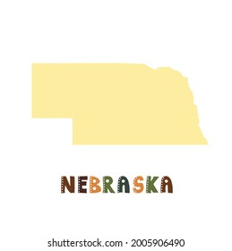 Nebraska map isolated. USA collection. Map of Nebraska - yellow silhouette. Doodling style lettering on white