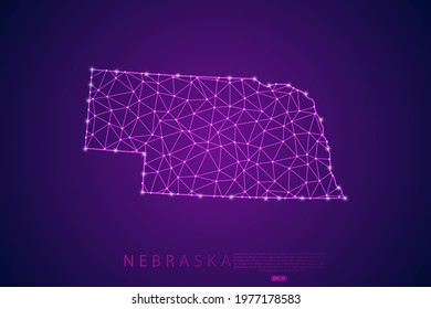 Nebraska Map mash line and point scales on purple technology background. Wire Frame 3D mesh polygonal network line, design sphere, dot and structure -  Vector illustration eps 10