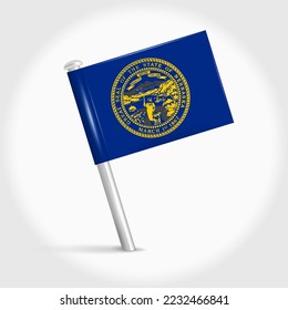 Nebraska map pin flag icon. Pennant map marker on a metal needle. 3D realistic vector illustration.