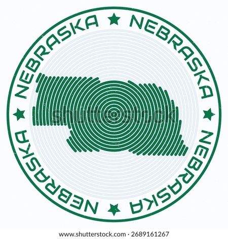 Nebraska map with round title. State shape rings. Nebraska text around the state boundary shape. Artistic vector illustration.