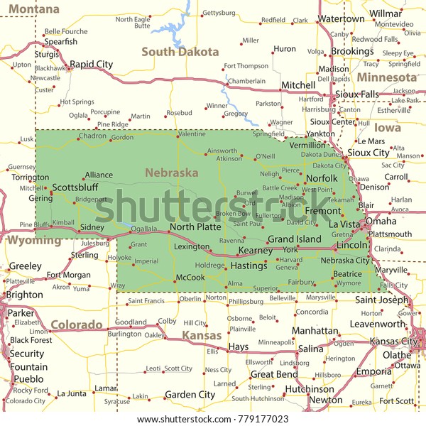 Nebraska Map Shows State Borders Urban Stock Vector (Royalty Free ...