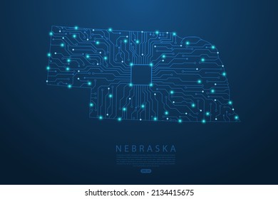 Nebraska Map - United States of America Map vector with Abstract futuristic circuit board. High-tech technology mash line and point scales on dark background - Vector illustration ep 10 