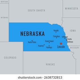 Nebraska Map, USA with city and surrounding states