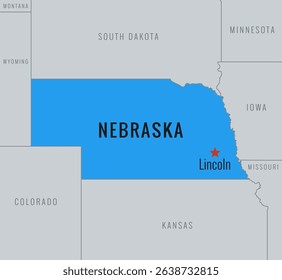 Nebraska Map, USA with Lincoln Capital City and surrounding states