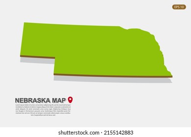 Nebraska Map - USA, United States of America Map vector template with isometric style including shadow, green and brown color isolated on white background - Vector illustration eps 10