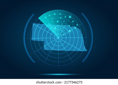 Nebraska Map - USA, United States of America Map vector template with futuristic circle radar style HUD, GUI, UI interface isolated on blue background for design - Vector illustration eps 10
