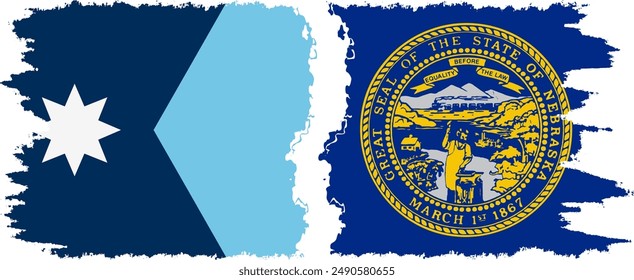 Nebraska and Minnesota states grunge brush flags connection, vector