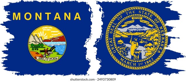 Nebraska and Montana states grunge brush flags connection, vector