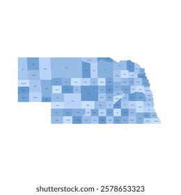 Nebraska, NE - detailed political map of US state. Administrative map divided into counties. Blue map with county name labels. Vector illustration