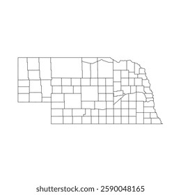 Nebraska, NE - detailed political map of US state. Administrative map divided into counties. Thin blank black outline map. Vector illustration