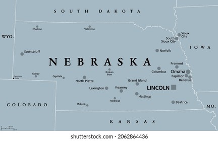 Nebraska, NE, gray political map with the capital Lincoln and largest city Omaha. Triply landlocked State in the Midwestern subregion of the United States of America nicknamed Cornhusker State. Vector