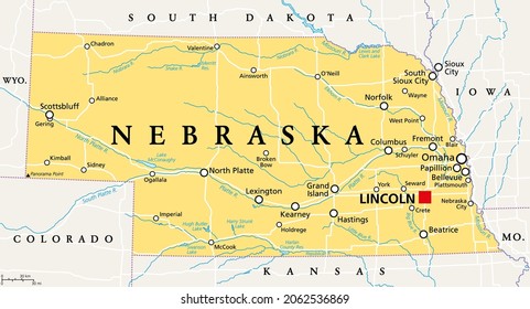 Nebraska, NE, political map with the capital Lincoln and the largest city Omaha. Triply landlocked State in the Midwestern subregion of the United States of America, nicknamed Cornhusker State. Vector