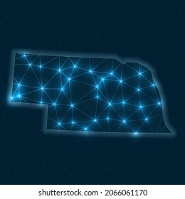 Nebraska network map. Abstract geometric map of the US state. Digital connections and telecommunication design. Glowing internet network. Captivating vector illustration.