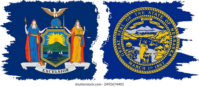 Nebraska and New York states grunge brush flags connection, vector