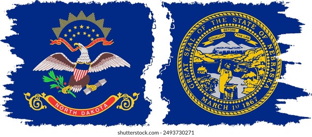 Nebraska and North Dakota states grunge brush flags connection, vector
