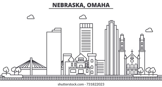 Nebraska, Omaha architecture line skyline illustration. Linear vector cityscape with famous landmarks, city sights, design icons. Landscape wtih editable strokes