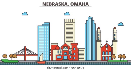 Nebraska, Omaha.City skyline: architecture, buildings, streets, silhouette, landscape, panorama, landmarks, icons. Editable strokes. Flat design line vector illustration concept.