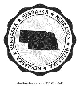 Nebraska outdoor stamp. Round sticker with map of us state with topographic isolines. Vector illustration. Can be used as insignia, logotype, label, sticker or badge of the Nebraska.