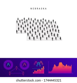 Nebraska People Map. Detailed Vector Silhouette. Mixed Crowd Of Men And Women Icons. Population Infographic Elements. Vector Illustration Isolated On White.