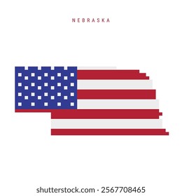 Nebraska pixel flag map icon. 8 bit pixel art map covered with american flag. Flat vector illustration isolated on white background.