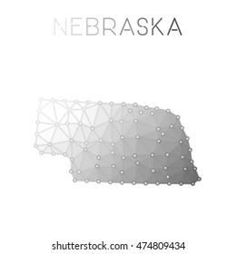 Nebraska polygonal vector map. Molecular structure US state map design. Network connections polygonal Nebraska map in geometric style for your infographics.