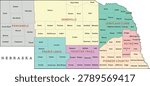 Nebraska regions map with counties. Colored. Vectored