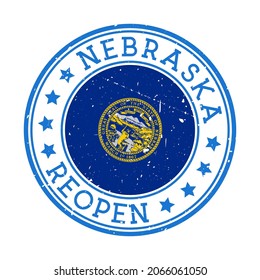 Nebraska Reopening Stamp. Round badge of US State with flag of Nebraska. Reopening after lock-down sign. Vector illustration.