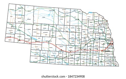 Nebraska Road And Highway Map. Vector Illustration.