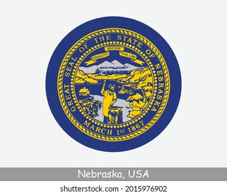 Nebraska Round Circle Flag. NE USA State Circular Button Banner Icon. Nebraska United States of America State Flag. Cornhusker State EPS Vector