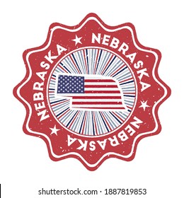 Nebraska round grunge stamp with us state map and country flag. Vintage badge with circular text and stars, vector illustration.