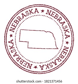 Sello de caucho redondo de Nebraska con el mapa del estado de ee.uu. Sello de pasaporte rojo vintage con texto circular y estrellas, ilustración vectorial.