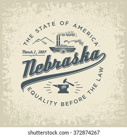 Nebraska round stylized emblem state of America, white, vintage vector illustration