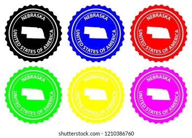Nebraska - rubber stamp - vector, Nebraska (United States of America) map pattern - sticker - black, blue, green, yellow, purple and red 