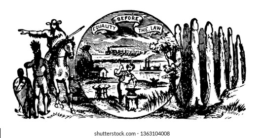 Nebraska seal written with "Great seal of the state of Nebraska" in the outer ring and a blacksmith working image in the center  vintage line drawing.