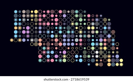 Nebraska, shape of the state build of colored cells. Digital style map of the Nebraska on dark background. Large size circle blocks. Plain vector illustration.