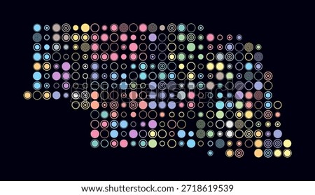 Nebraska, shape of the state build of colored cells. Digital style map of the Nebraska on dark background. Large size circle blocks. Plain vector illustration.
