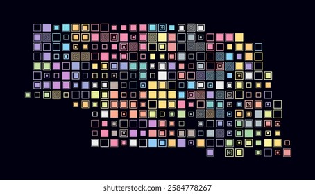 Nebraska, shape of the state built of colored cells. Digital style map of Nebraska on a dark background. Large size square blocks. Beautiful vector illustration.